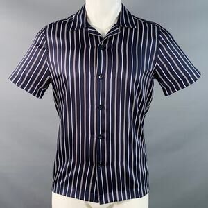 Size S Svenson Navy White Stripe Polyester Regular Fit Camp Short Sleeve Shirt